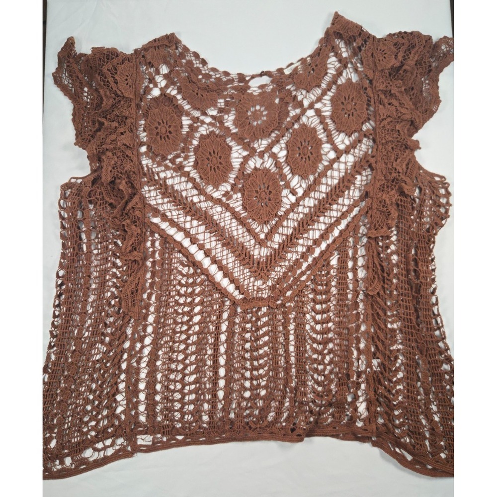 Boho Rust Brown Floral Open Crochet Knit Top Size 22/24 Earthy Hippie Festival